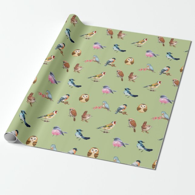 Papel De Regalo Acuarela Aves silvestres verdes (Desenrollado)
