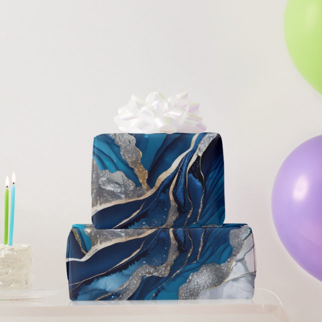 Papel De Regalo Acuarela Azul Profundo, Tinta de Alcohol Plateada  (Regalos de fiesta)