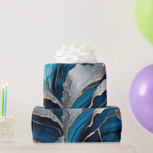Papel De Regalo Acuarela Azul Profundo, Tinta de Alcohol Plateada