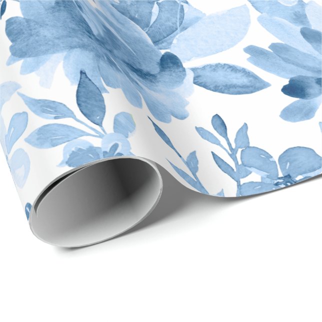 Papel De Regalo Acuarela azul y blanca magnífica floral (Esquina del rollo)