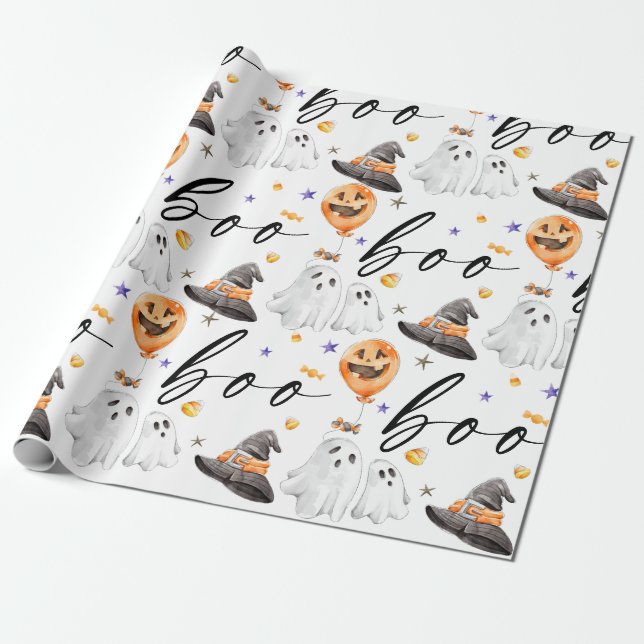 Papel De Regalo Acuarela Boo Halloween (Desenrollado)