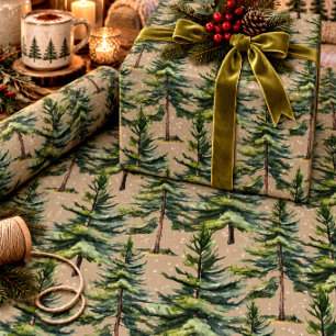 Papel De Regalo Acuarela Bosque Abeto Primeras Nieves Kraft