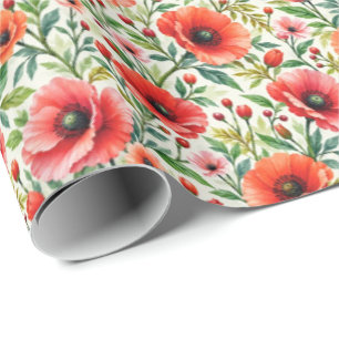Papel De Regalo Acuarela Botánica Amapolas Coral