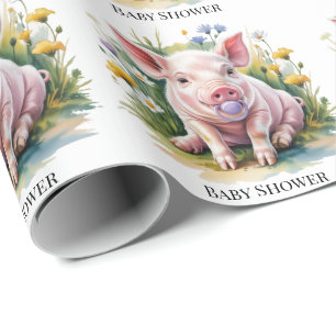Papel De Regalo Acuarela Cerdito Flores Silvestres Baby Shower