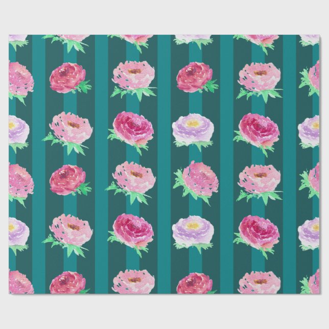 Papel de Regalo Acuarela con Flores de Peonía y Ra (Superficie plana)