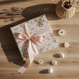 Papel De Regalo Acuarela Conejo de Pascua, Zanahorias y Diseño Flo
