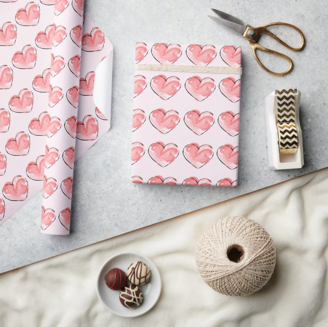Papel De Regalo Acuarela Corazón Rosa Lindo (Artesanía)