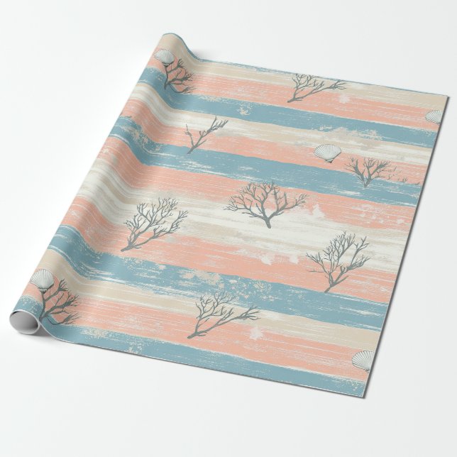 Papel De Regalo Acuarela Costera Coral & Olas de Conchas (4) (Desenrollado)