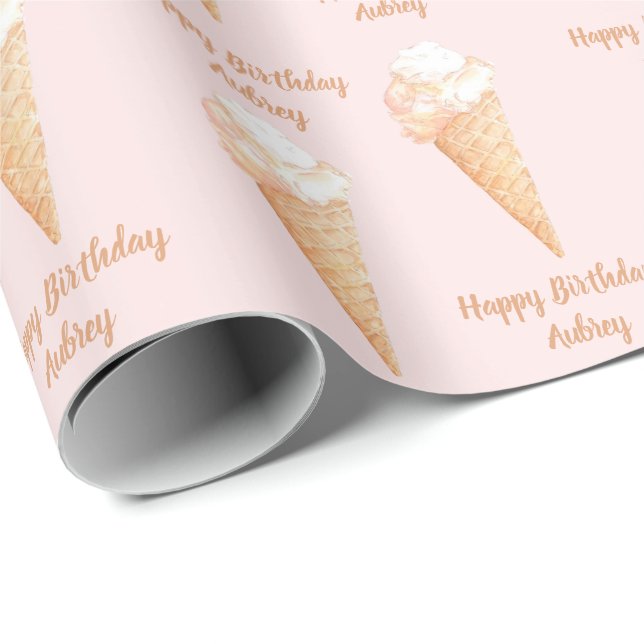 Papel De Regalo Acuarela Crema de Hielo Rosa Cumpleaños Personaliz (Esquina del rollo)