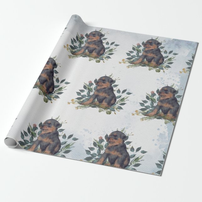 Papel De Regalo Acuarela Cuta Moderna Puppy Dog Floral (Desenrollado)
