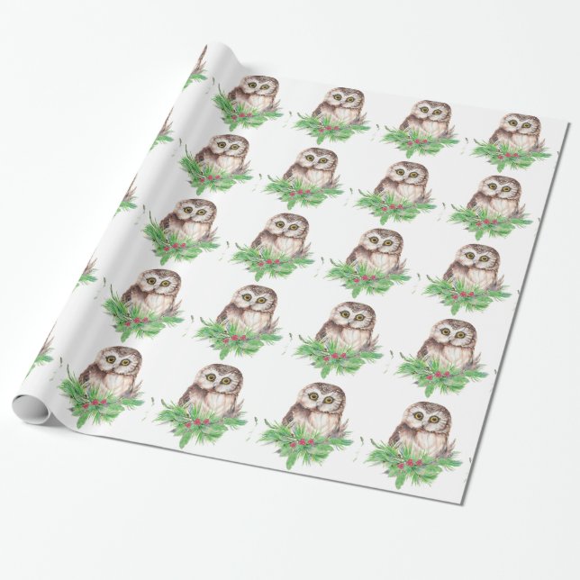 Papel De Regalo Acuarela Cute Lechuza Pequeña Ave Naturaleza Arte (Desenrollado)