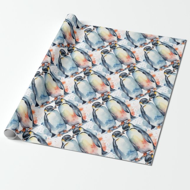Papel De Regalo Acuarela Cute Pingüino Naturaleza de Vida Silvestr (Desenrollado)