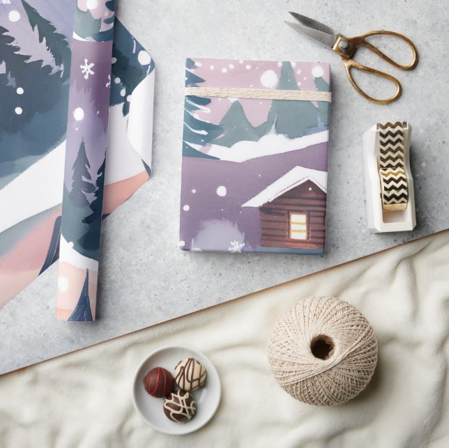Papel De Regalo Acuarela De Cabina De Montaña De Nieve (Artesanía)