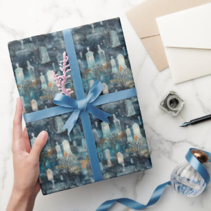 Papel De Regalo Acuarela de cementerio embrujado de medianoche azu