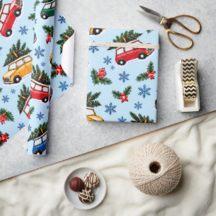 Papel de regalo acuarela de coches y árboles de Na