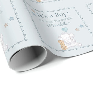 Papel De Regalo Acuarela de elefante bebé niño azul 