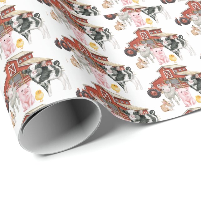 Papel De Regalo Acuarela de granja Cow Cerdo Barn Cute Animales (Esquina del rollo)
