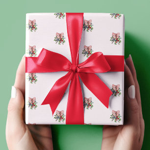 Papel De Regalo Acuarela de hoja perenne, bayas y lazo blanco rojo