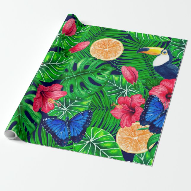 Papel De Regalo Acuarela de jardín tropical y turquesa (Desenrollado)