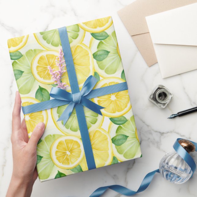 Papel De Regalo Acuarela de Limón Amarillo Verde (Regalar)