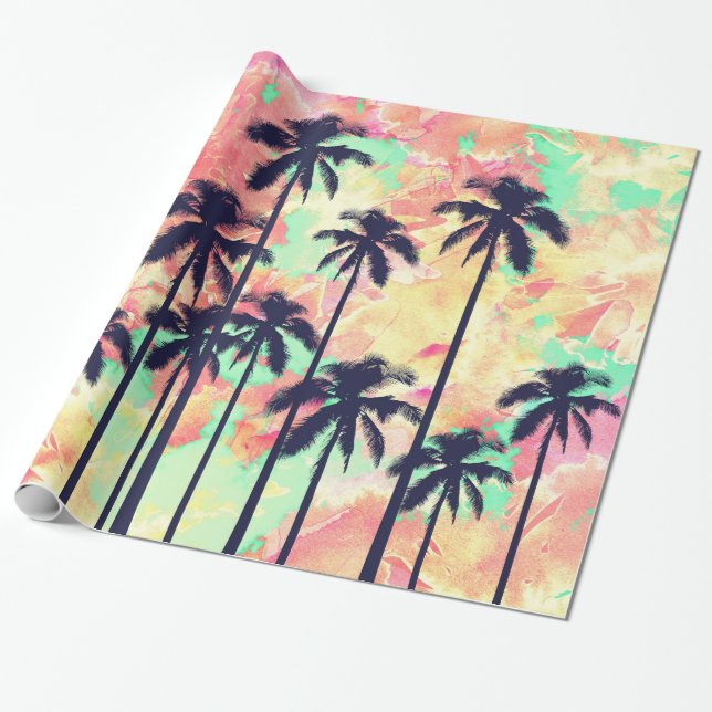 Papel De Regalo Acuarela de neón colorida con las palmeras negras (Desenrollado)