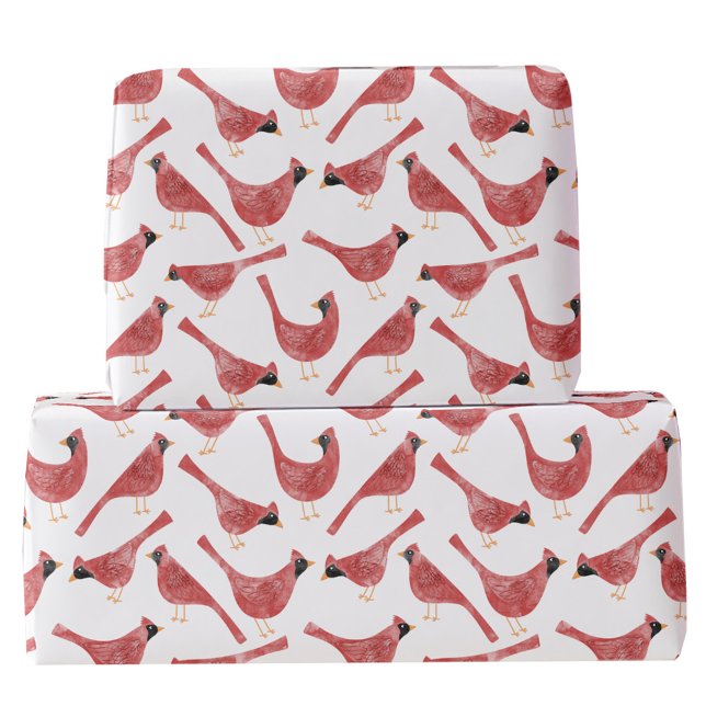 Papel De Regalo Acuarela de pájaro cardinal festivo (Fun Cardinal bird red and white watercolor festive Christmas and Holidays gift wrapping paper)