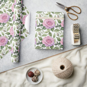 Papel De Regalo Acuarela de rosas rosadas y lavanda