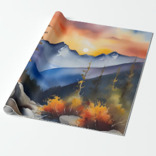 Papel De Regalo Acuarela del amanecer sobre montañas cubiertas de 