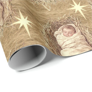 Papel De Regalo Acuarela del Niño Jesús en el Pesebre con Heno