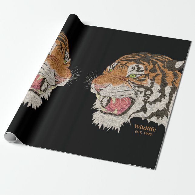 Papel De Regalo Acuarela dos tigres enojados cara a cara Negro (Desenrollado)