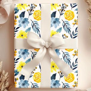 Papel De Regalo Acuarela Flor Floral Boho Amarillo Azul Marino