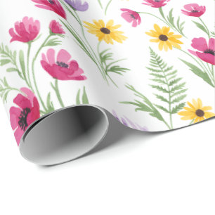 Papel De Regalo Acuarela floral amarilla, morada y rosa bonita