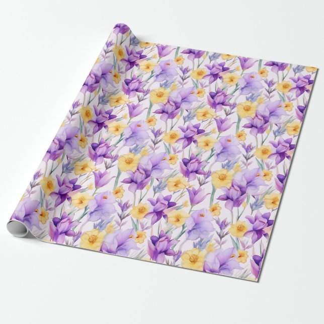 Papel De Regalo acuarela floral - Amarillo y Púrpura - Daffodis (Desenrollado)