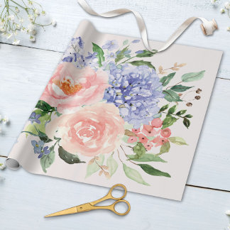 Papel De Regalo Acuarela Floral Azul Rosa Hortensia Peonía Primave