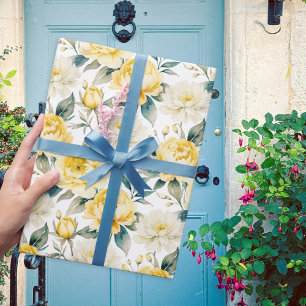 Papel De Regalo Acuarela floral de peonía amarilla y crisantemo