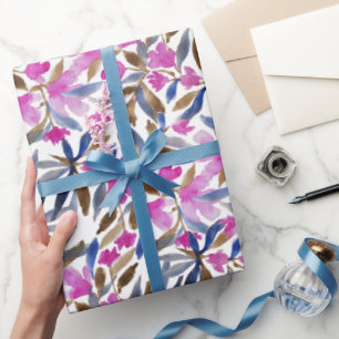 Papel De Regalo Acuarela Floral En Cedro Azul Veneciano Rosa