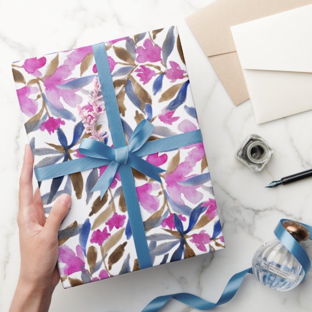 Papel De Regalo Acuarela Floral en Cedro Azul Veneciano Rosa (Regalar)