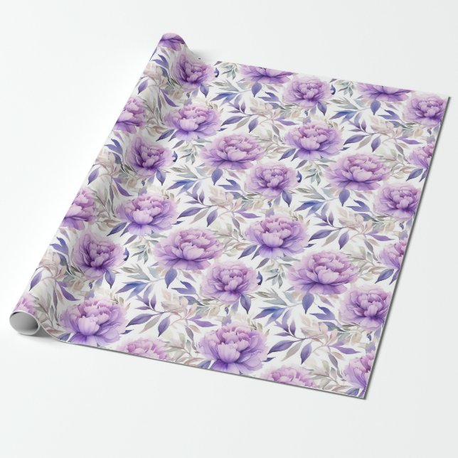 Papel De Regalo acuarela floral - peonías púrpura lavender (Desenrollado)