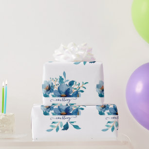 Papel De Regalo Acuarela floral personalizada de color azul brilla