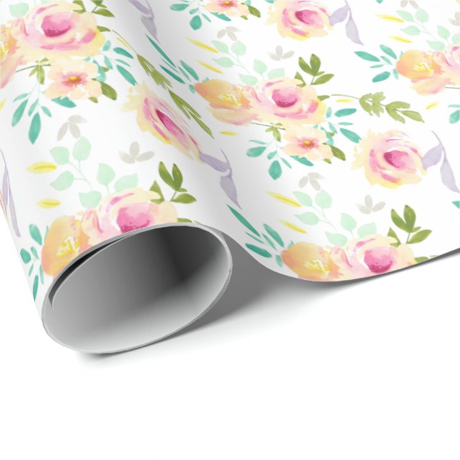 Papel De Regalo Acuarela floral rosa amarillo bonito (Esquina del rollo)