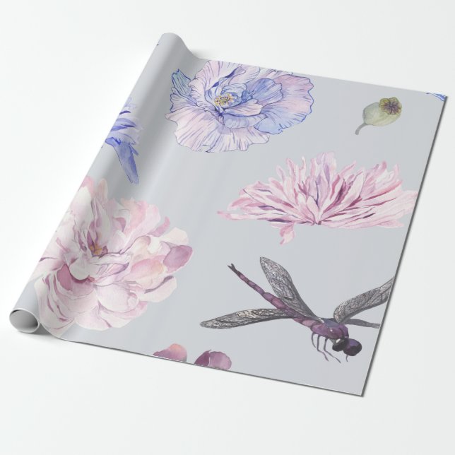 Papel De Regalo Acuarela floral rosa Rubor (Desenrollado)