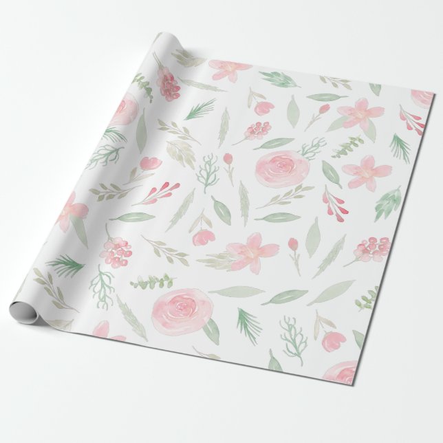 Papel De Regalo Acuarela floral rosa Rubor (Desenrollado)