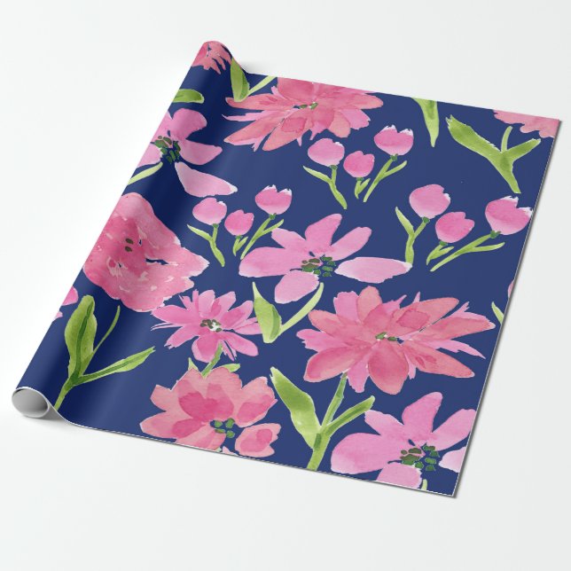 Papel De Regalo Acuarela floral rosa sobre fondo naval (Desenrollado)