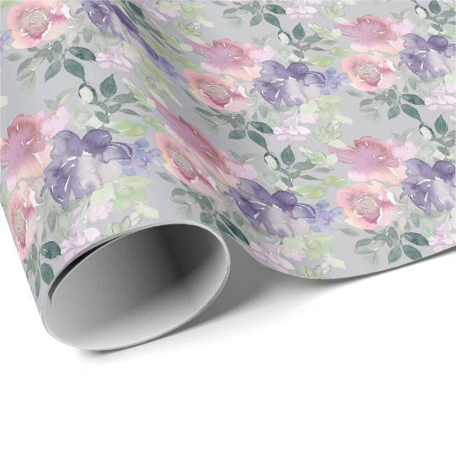 Papel De Regalo Acuarela Floral Rubor Rosa Lavanda Púrpura (Esquina del rollo)