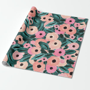 Papel De Regalo Acuarela Floral Teal y Rosa
