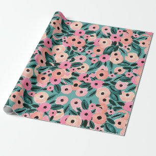 Papel De Regalo Acuarela Floral Teal y Rosa
