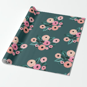 Papel De Regalo Acuarela Floral Teal y Rosa