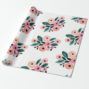 Papel De Regalo Acuarela Floral Teal y Rosa