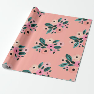 Papel De Regalo Acuarela Floral Teal y Rosa