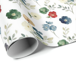 Papel De Regalo Acuarela floral verde azul rojo 